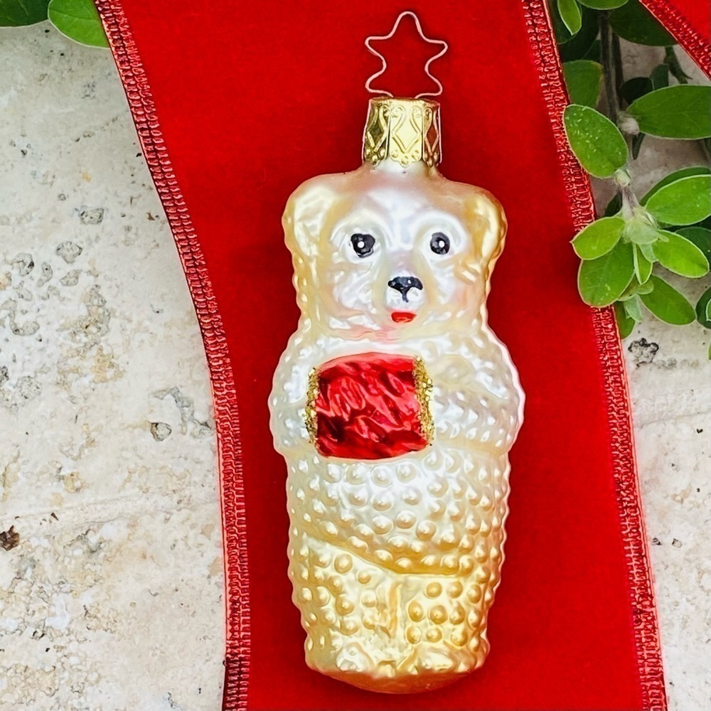 Vintage White Bear with Package Gift Christopher Radko Christmas Tree Ornament